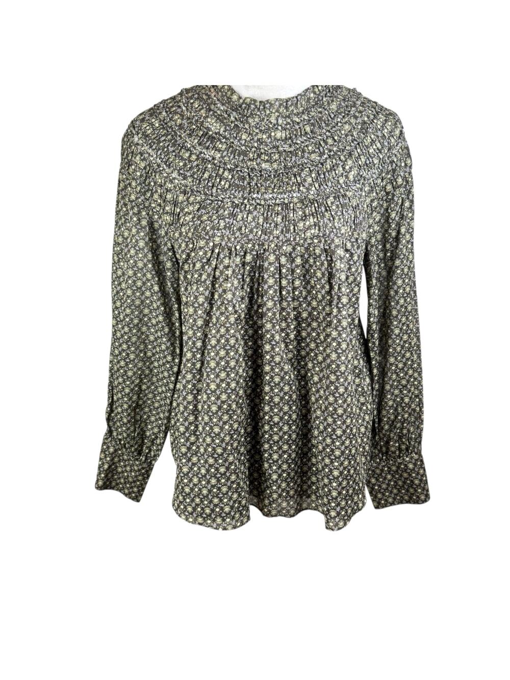 Rebecca Taylor 10 Brown Yellow Floral Smocked Yoke Lined Long Sleeve Blouse